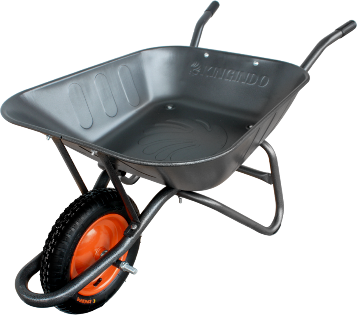 A black and orange wheelbarrow with a metal tray and rubber tire.