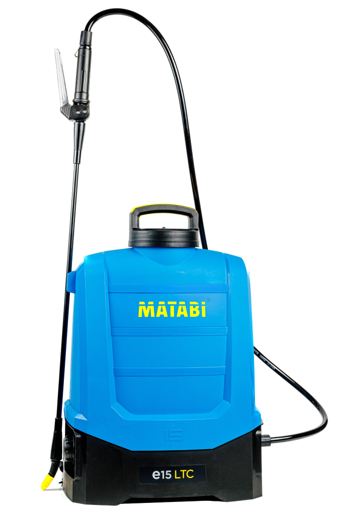 Blue Matabi e15 LTC sprayer with black wheels, a yellow label, and a long black hose with a spray wand.