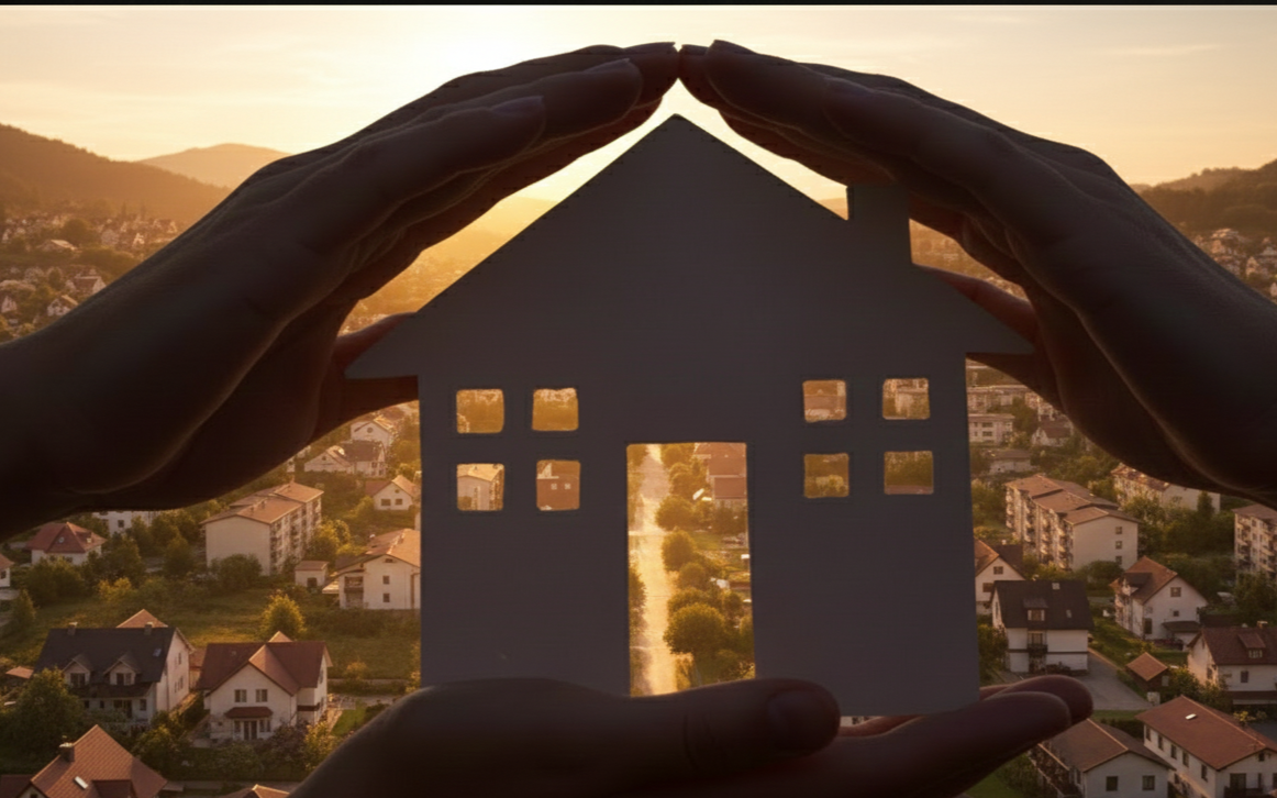 Hands holding a paper cutout of a house against a sunset view of a residential neighborhood.