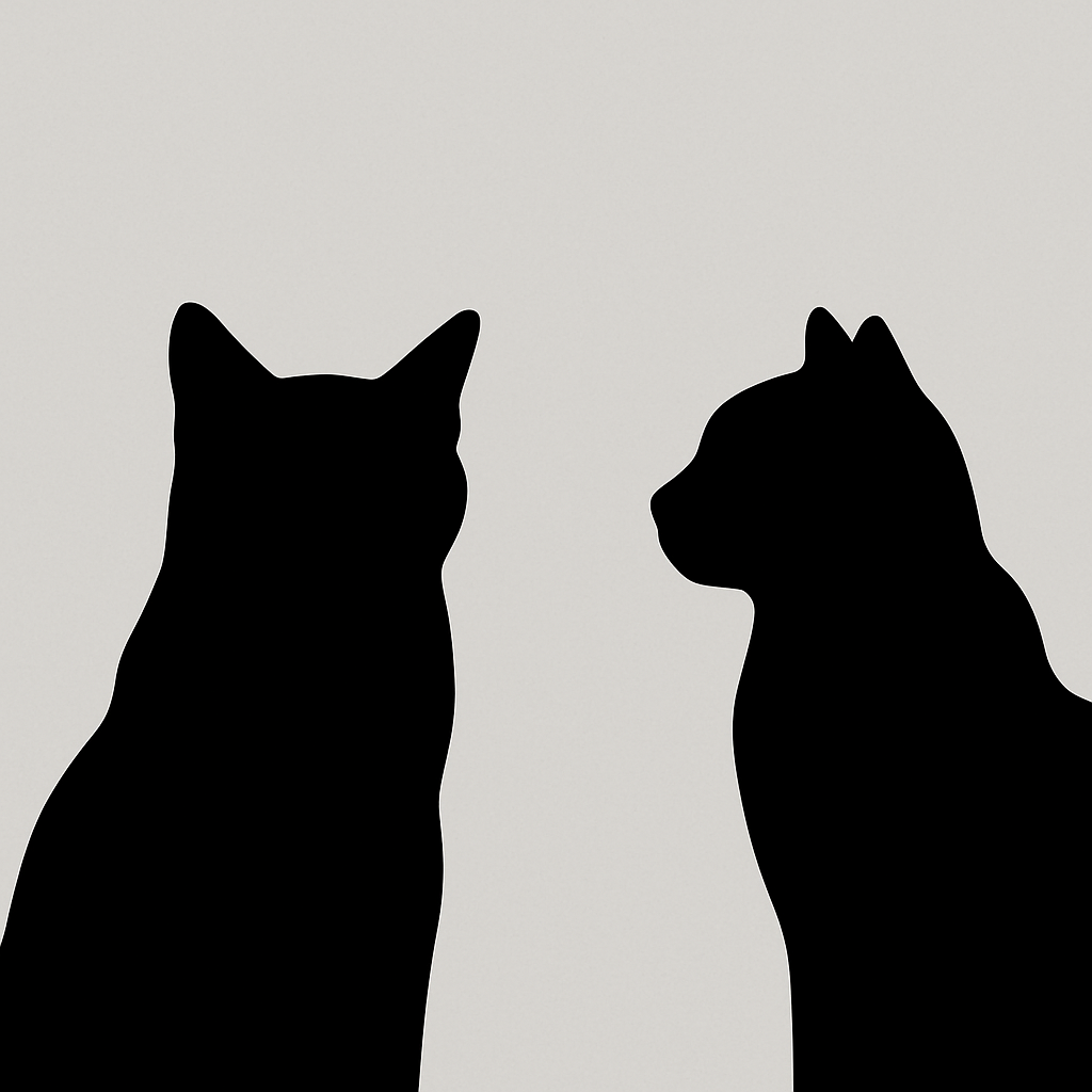 Silhouettes of two cats facing each other against a plain background.
