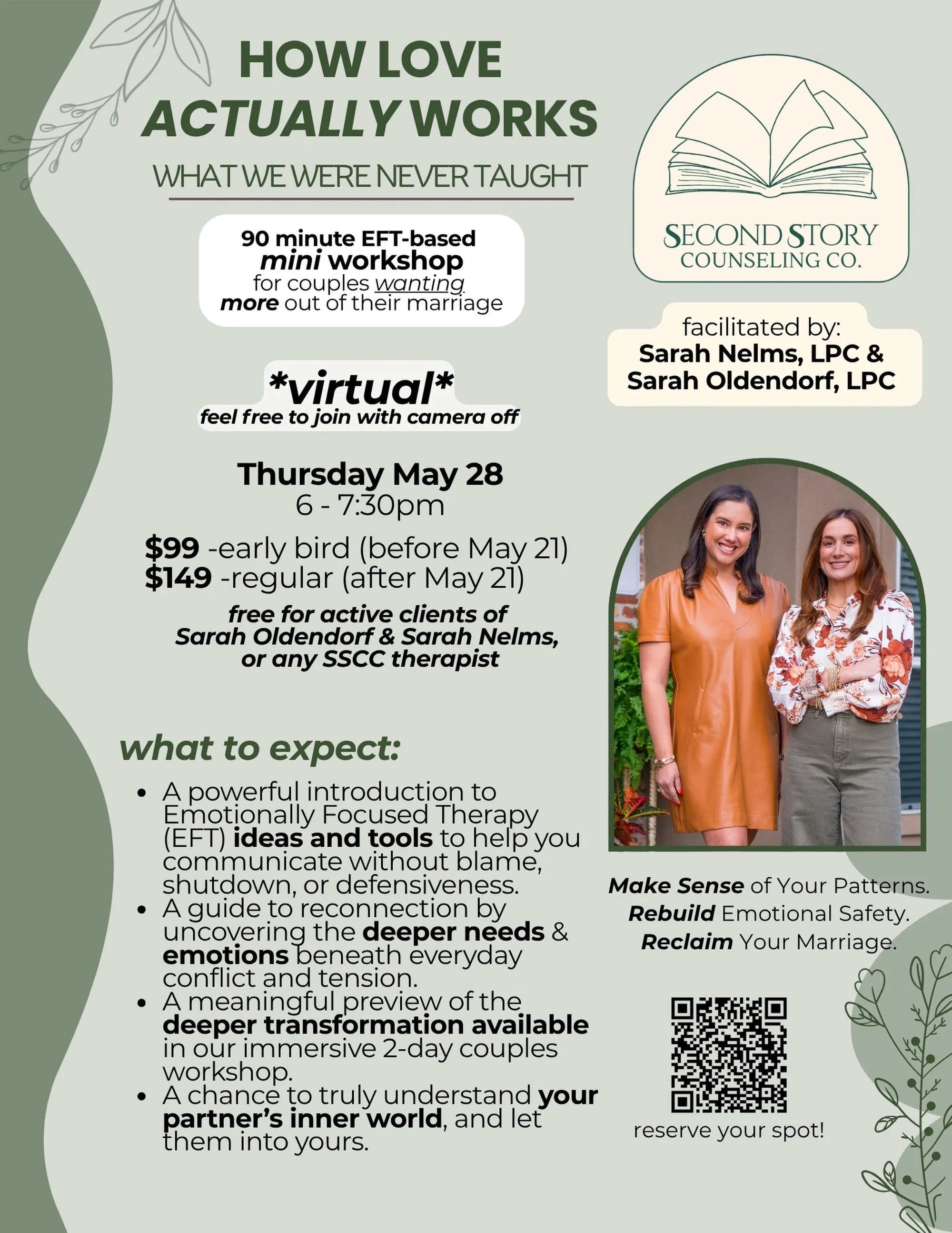 ‼️ $99 EARLY BIRD REGISTRATION EXTENDED!! thru 5/21

FREE REGISTRATION for current clients of @psychotherapy_sarah @sarahnelmscounseling_lpc or any other Second Story Counseling Co therapist
@wilsoncounselingco 
@kzimmerman12 
@meagan_collins_ 
@_jos