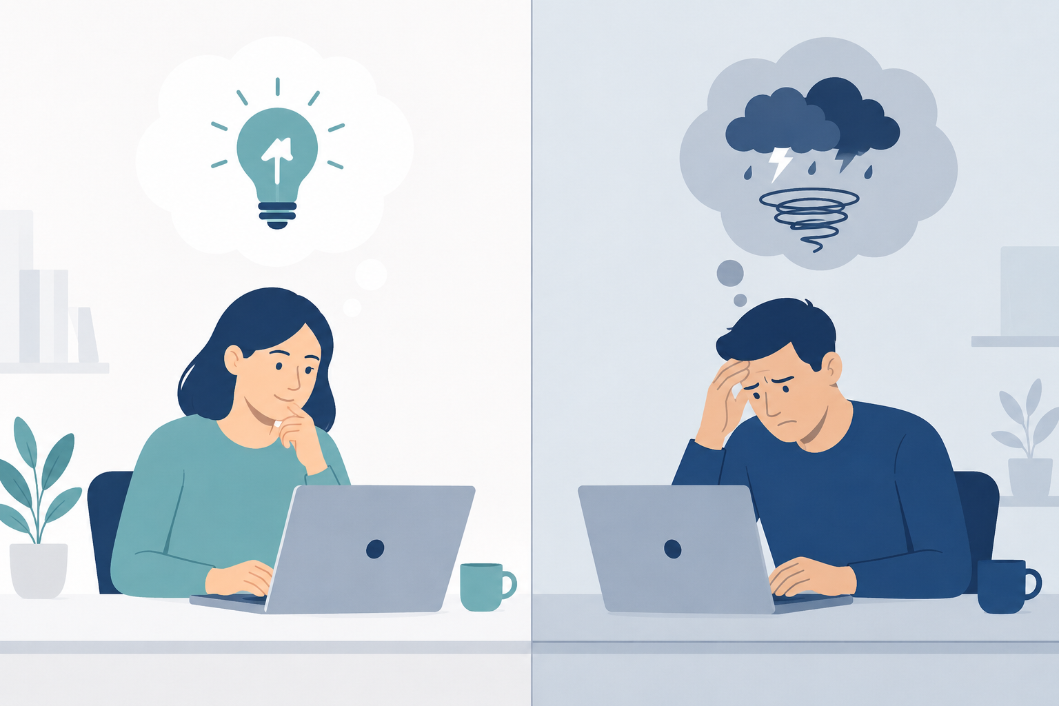 Illustration showing two people responding differently to the same event based on their thoughts — a core concept in cognitive behavioural therapy