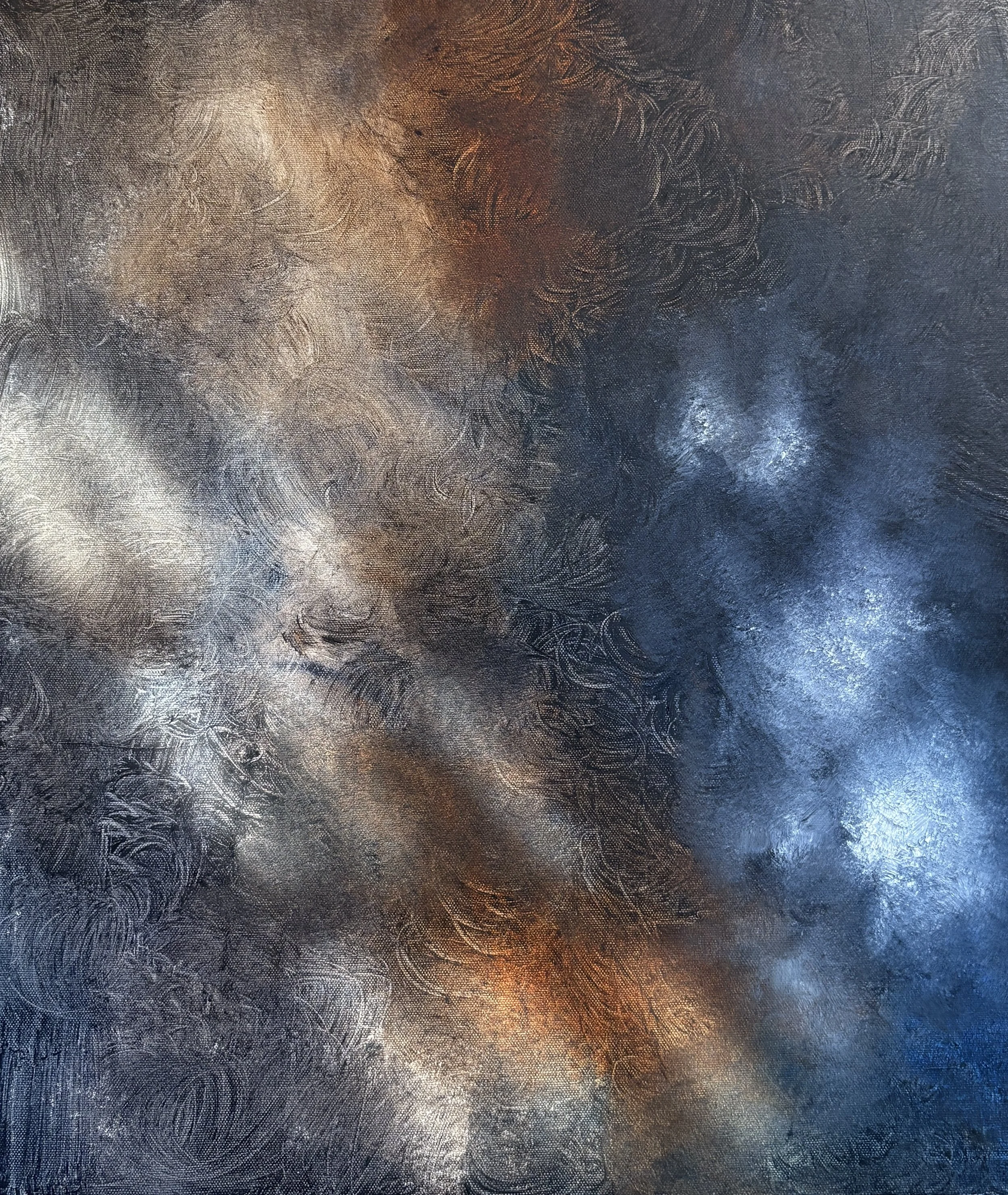 Abstract textured painting with swirls of orange, blue, gray, and white colors.