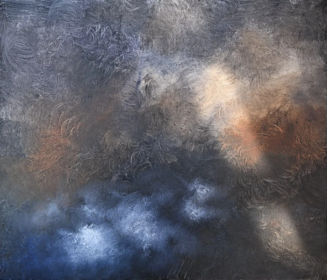 Abstract dark-toned art piece with swirling and textured patterns in black, gray, brown, and hints of blue and white.