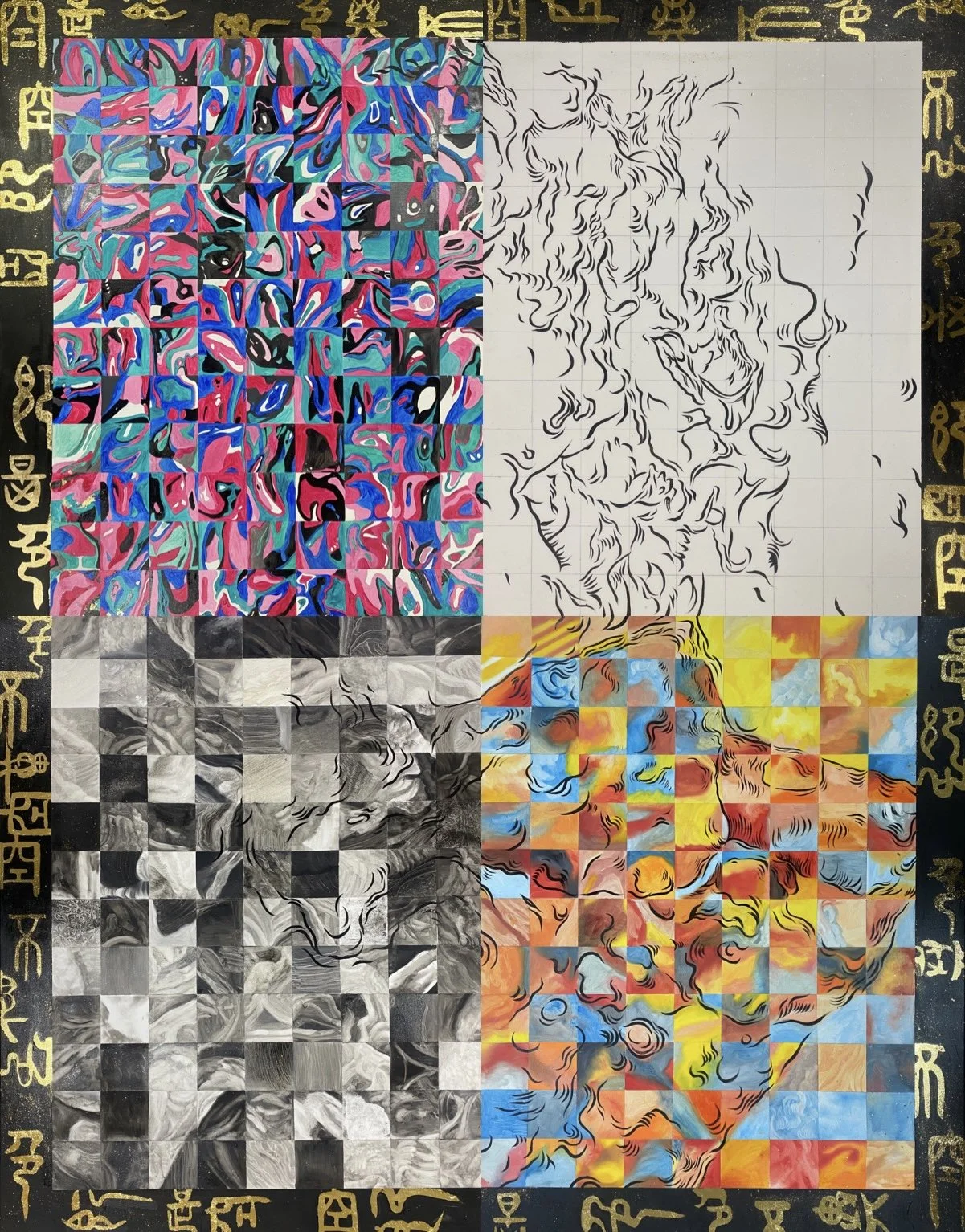 Collage of four grid sections with abstract colorful art and sketches on grid paper. Top left: pink, blue, black, and white swirling colors. Top right: black ink sketch of a lion's face on grid paper. Bottom left: black and white swirling abstract art. Bottom right: colorful swirling abstract art with red, yellow, blue, and orange hues.