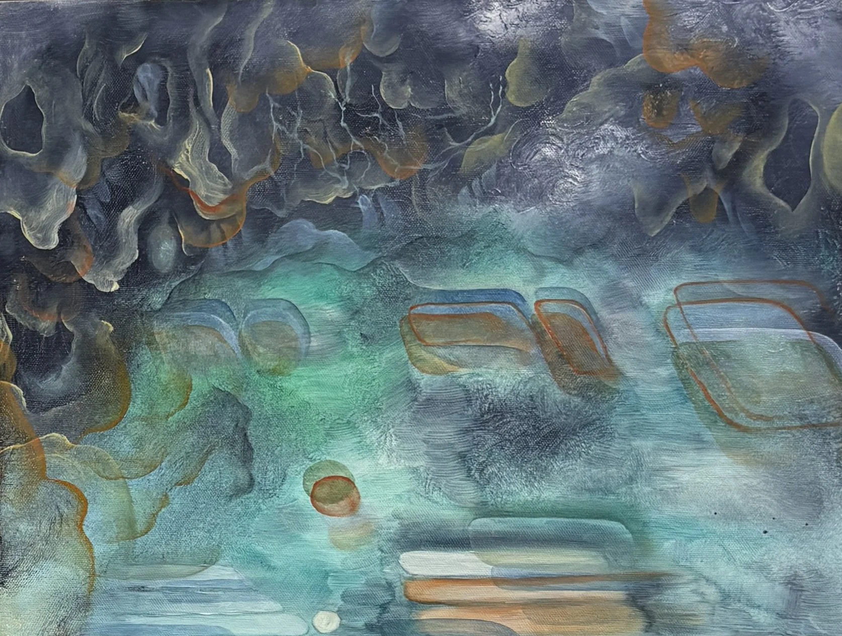 Abstract painting with dark, cloudy upper section and turquoise, teal, and orange-toned geometric shapes and patterns in the lower section.