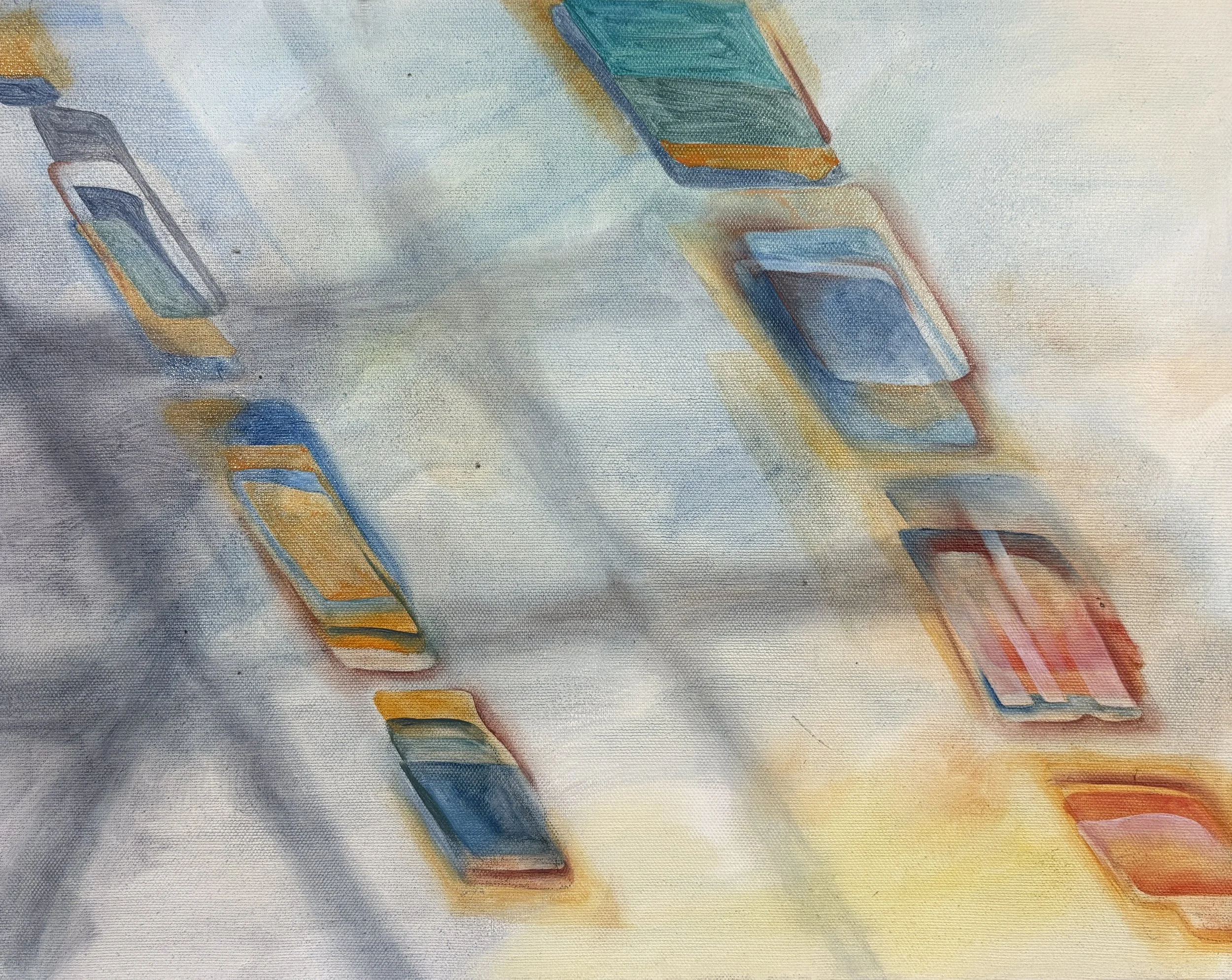 Abstract watercolor painting with colourful rectangular shapes in shades of blue, orange, yellow, and red, arranged in a flowing diagonal pattern.