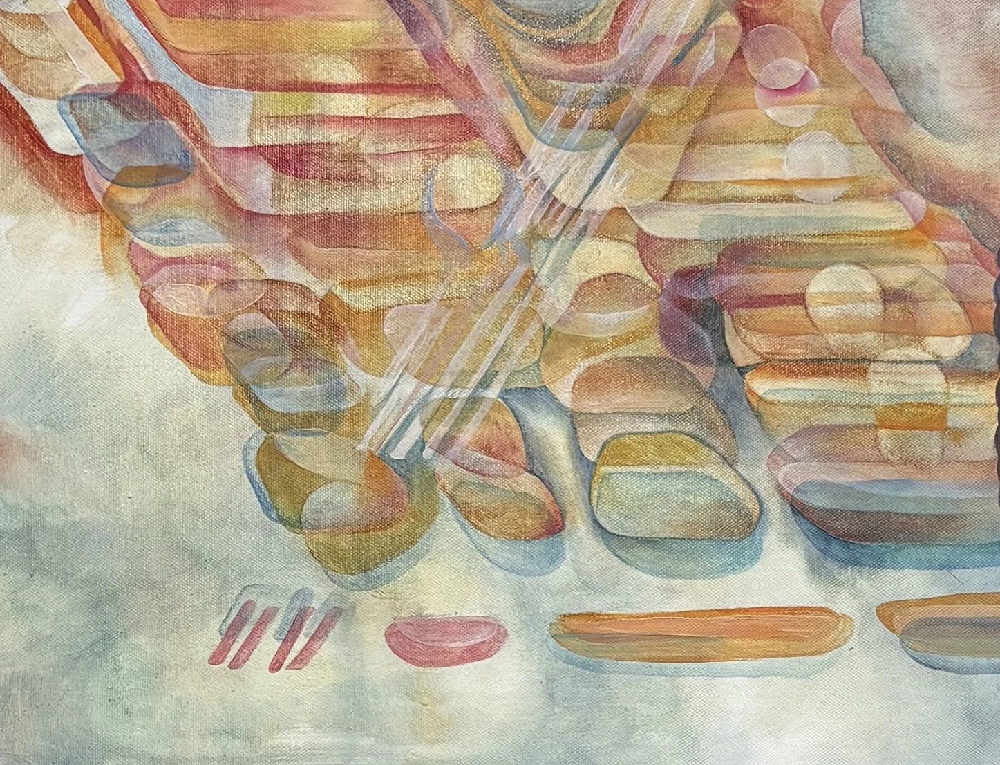 A watercolor painting depicting a collection of colorful gemstones, translucent straws, and small objects scattered on a surface.