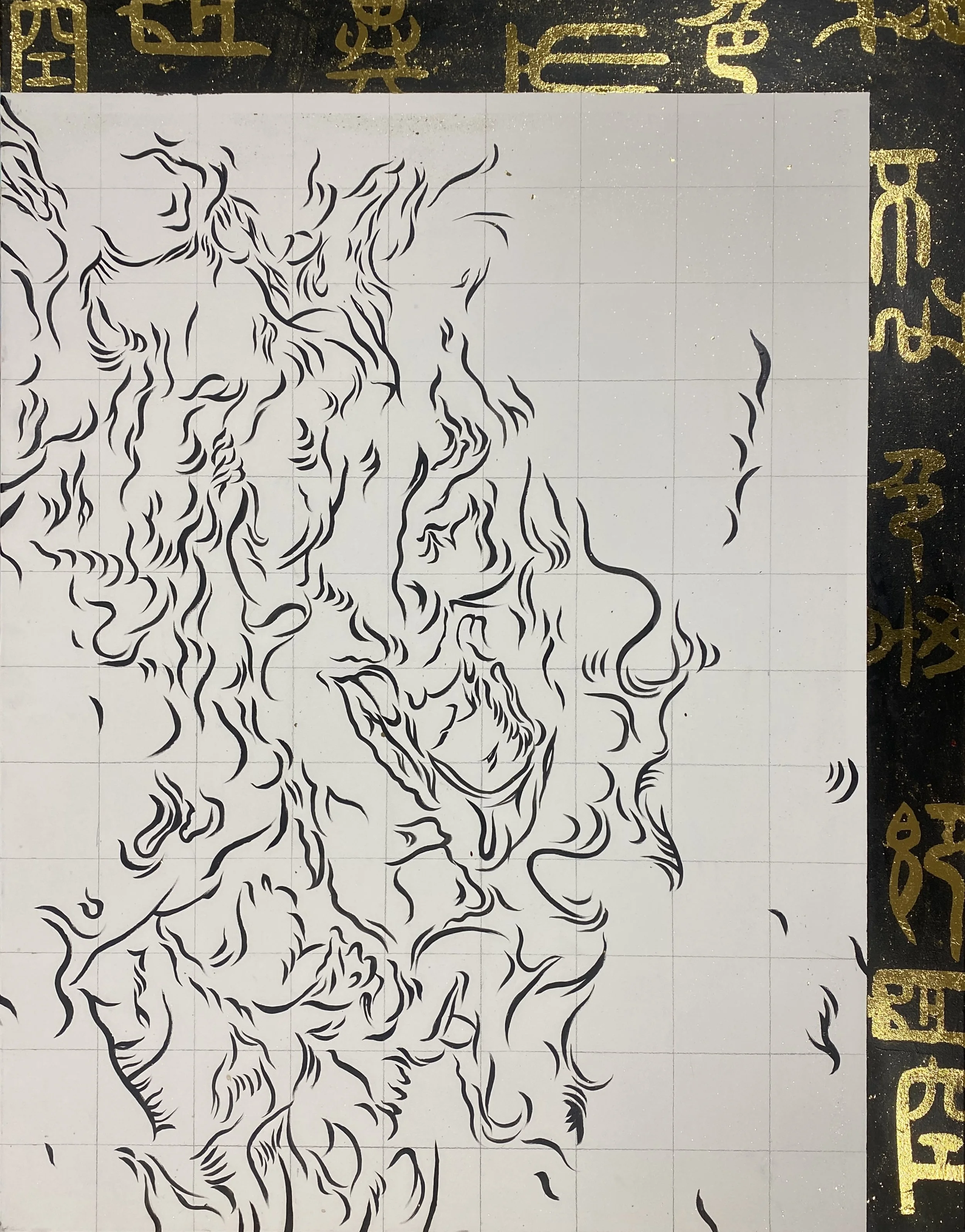 A partially completed black and white line drawing of a woman's face and upper body on grid paper, with a decorative black border featuring gold Asian characters.