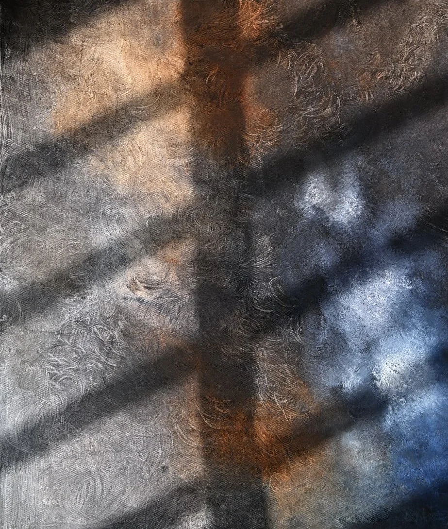A highly textured abstract painting with shades of gray, black, brown, and hints of white, featuring swirling and layered brushstrokes.