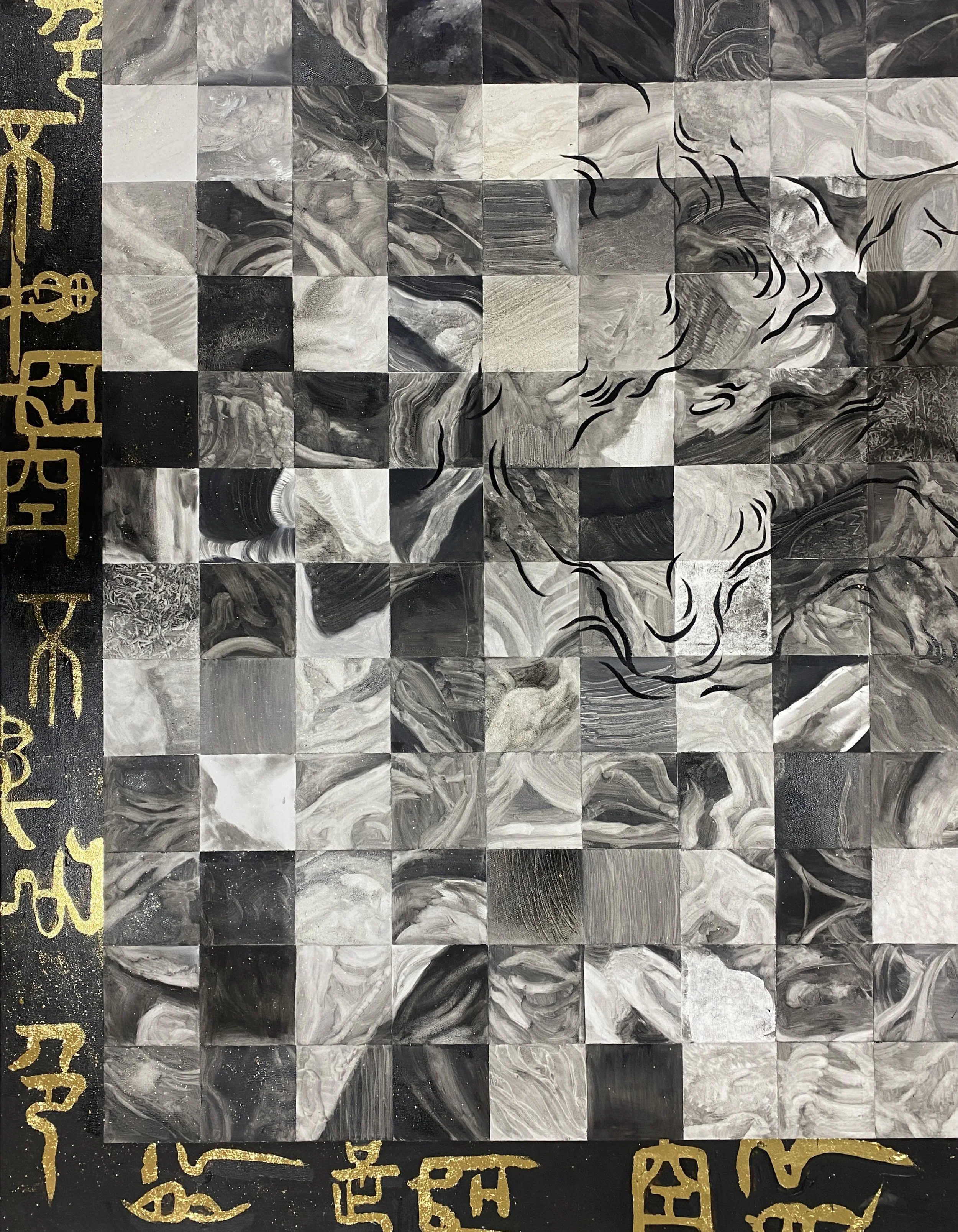 Black and white marbled square tiles with a lion's face outline drawn in black lines in the center, surrounded by a border of gold alphabets and symbols.
