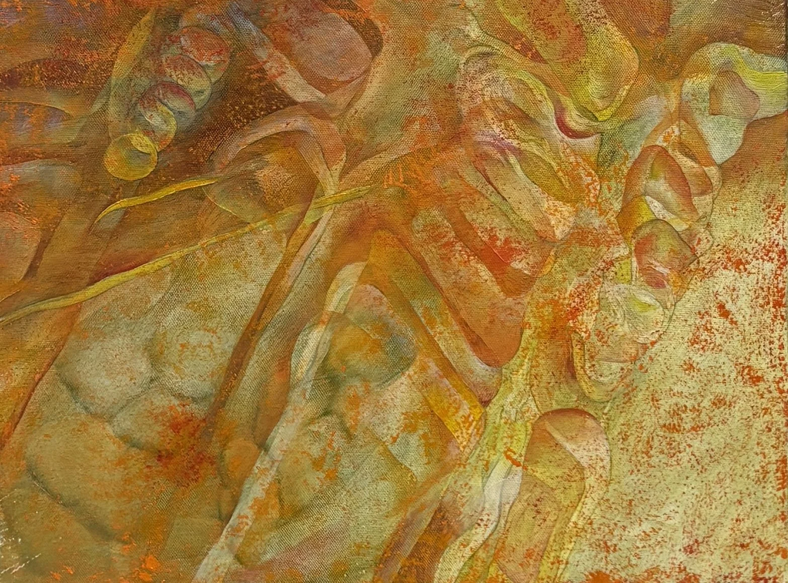 A watercolor painting of a human hand with a string of beads around the wrist, in warm earthy tones with splashes of orange and yellow.