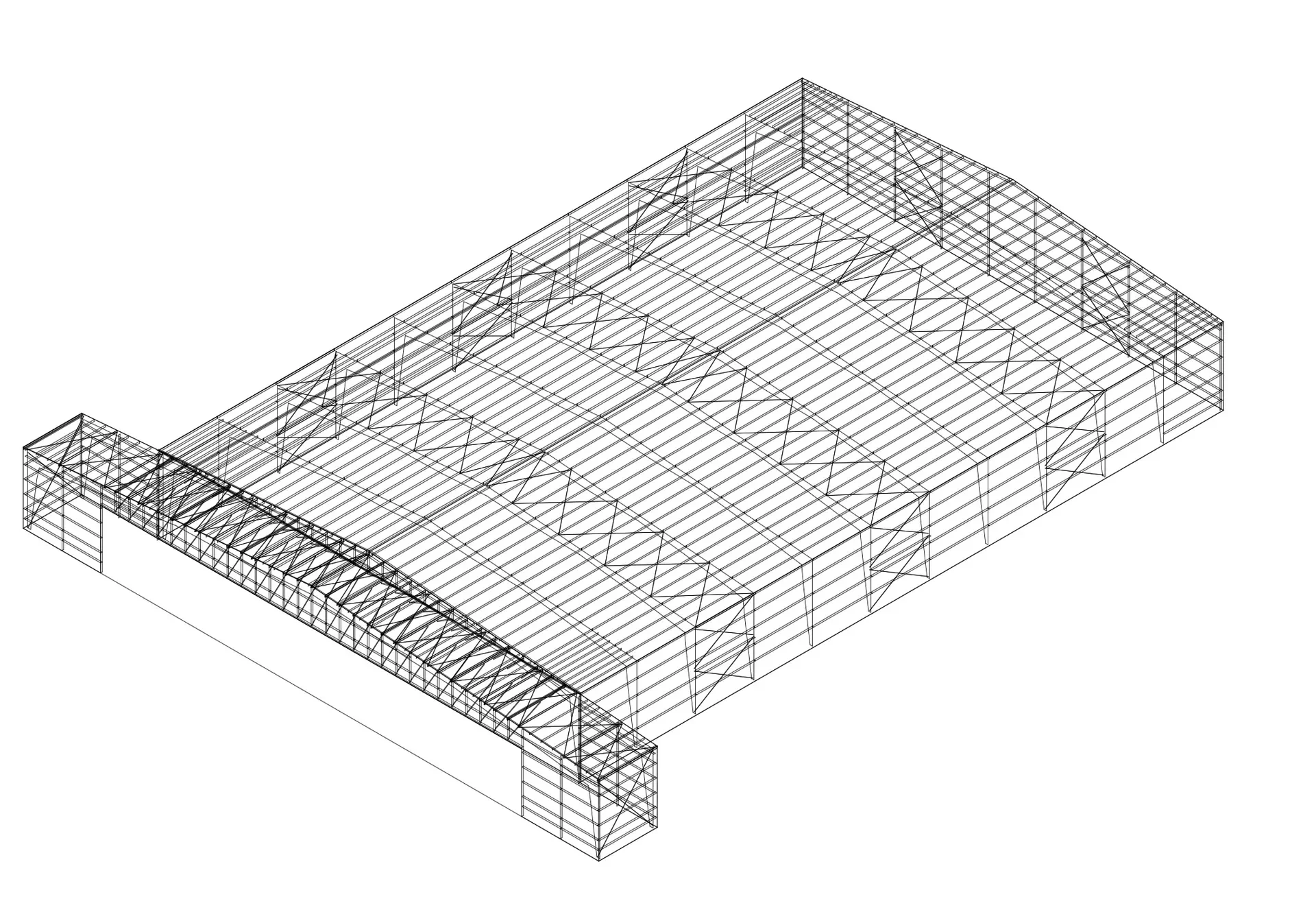 3D wireframe model of a large building with a curved roof section and multiple interior support structures.