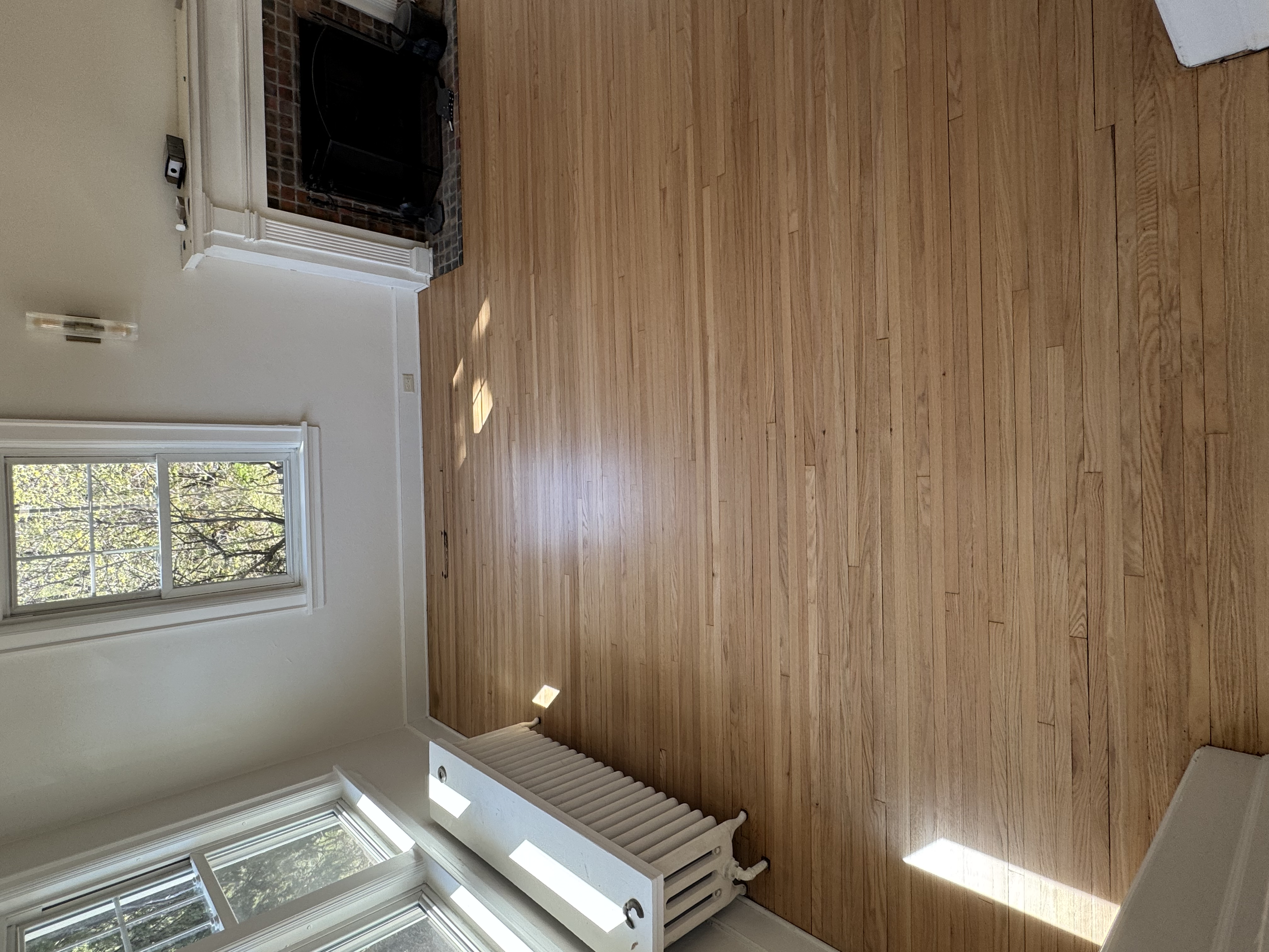 Empty living room with hardwood floors, large windows, a white radiator, and a fireplace with a black metal grate.