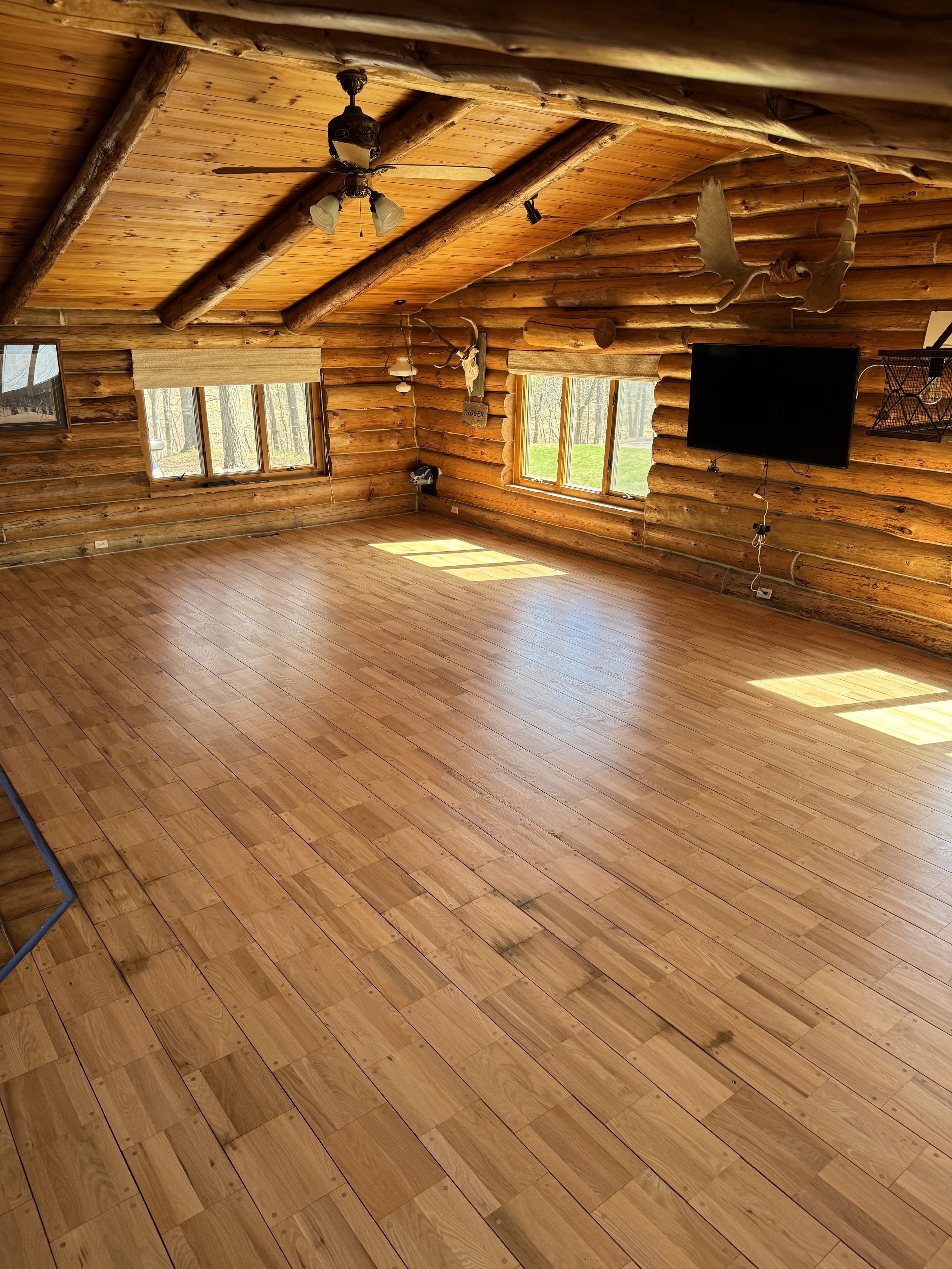 Interior of a wooden cabin with polished hardwood floors, wood log walls, large windows letting in natural light, mounted flat-screen TV, ceiling fan, and mounted antlers on the wall.