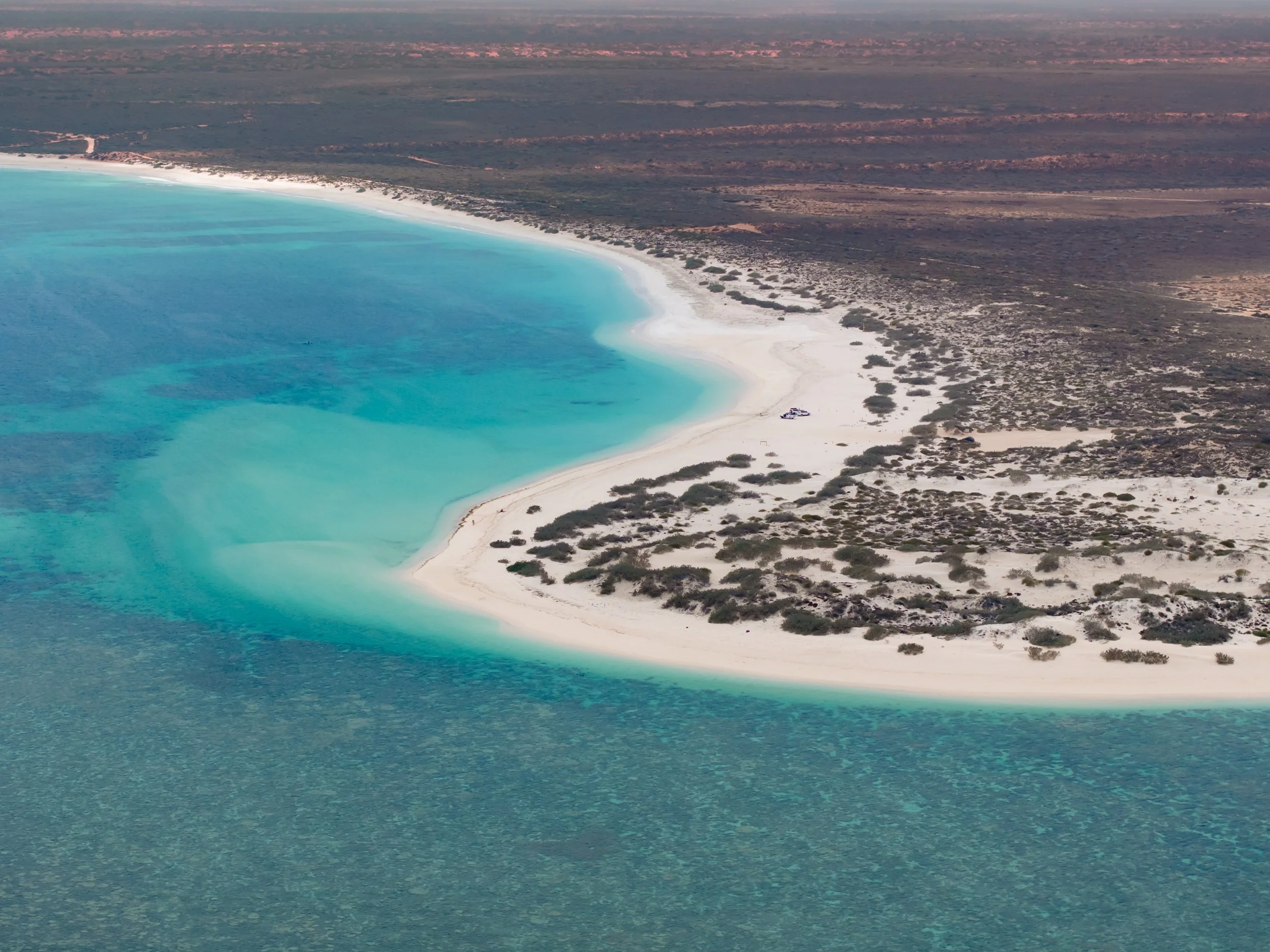 Aerial view of a sandy beach with turquoise water, showing white sand and sparse vegetation, with a dry, arid land extending into the distance.