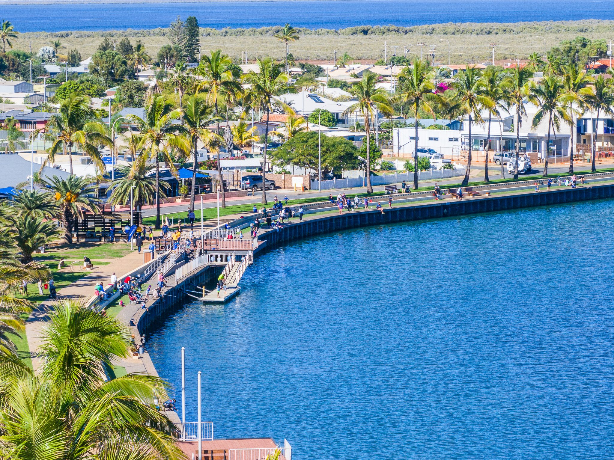 A lakeside park with palm trees, walking paths, benches, and people fishing, sitting, and strolling along the waterfront on a sunny day with a clear blue sky.