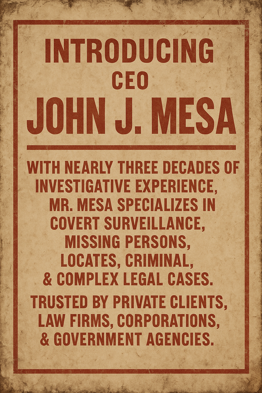 A vintage-looking poster announcing John J. Mesa as the new CEO with a background resembling aged paper and red text.