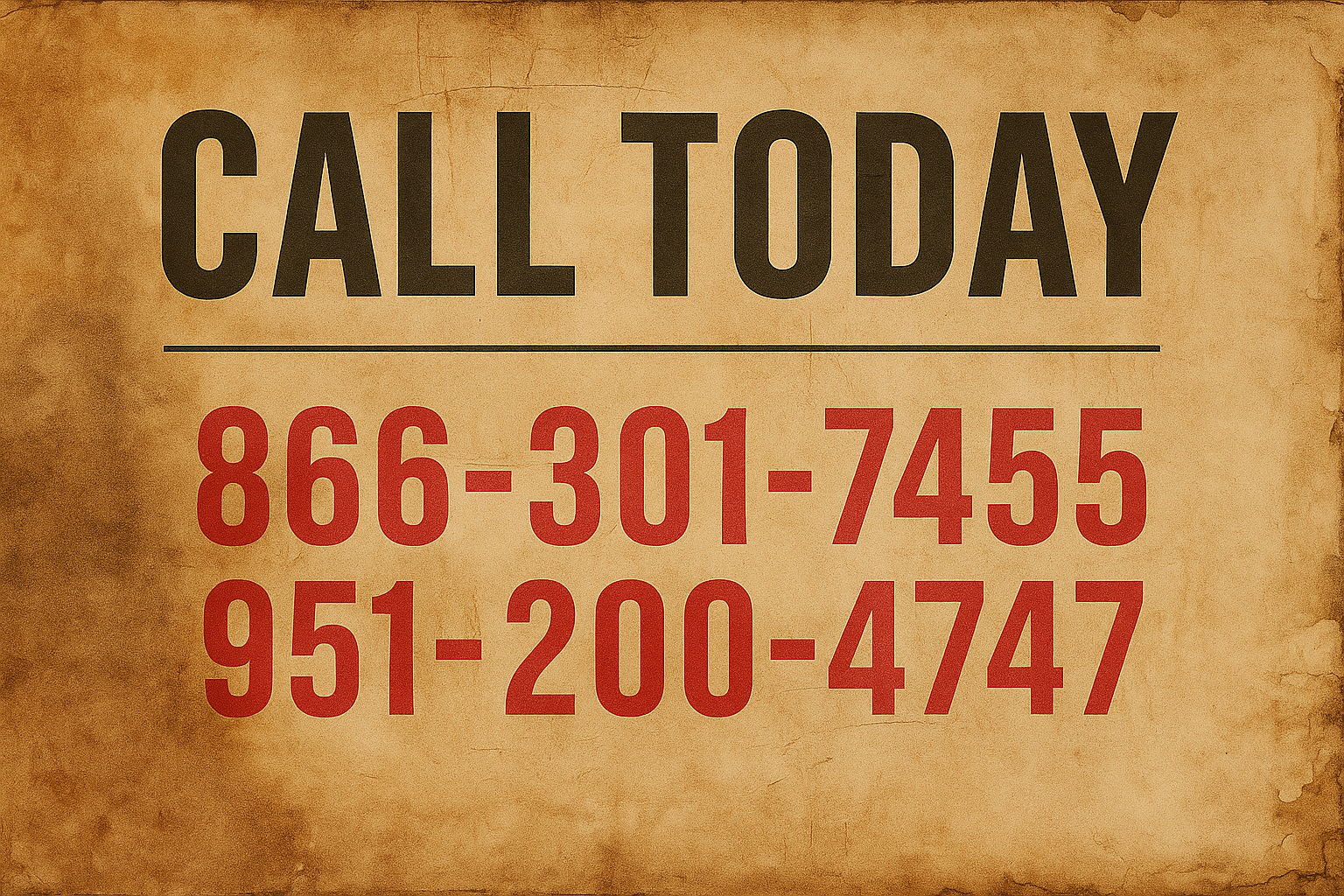 A vintage-style sign with the words 'CALL TODAY' at the top and two phone numbers in red below: 866-301-7455 and 951-200-4747, on a textured, aged background.
