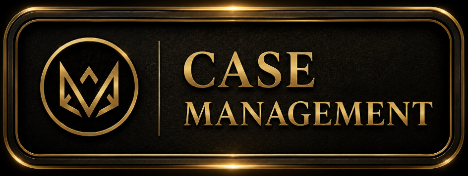 A black and gold rectangular sign with a logo on the left and the words 'Case Management' on the right.