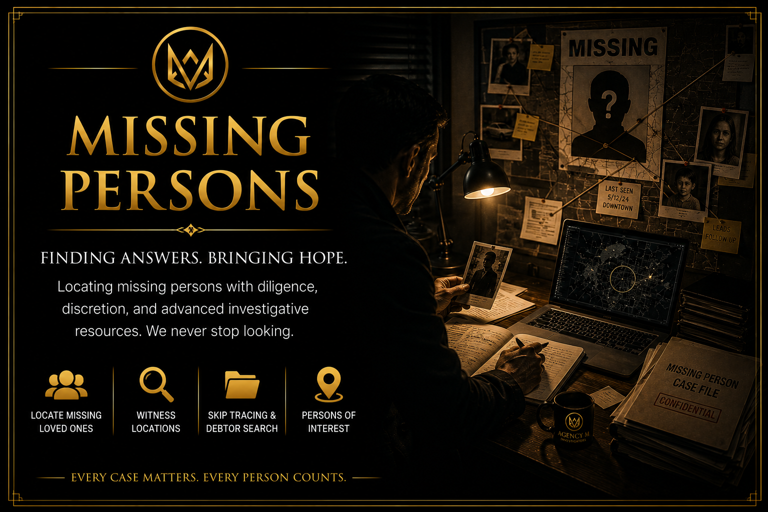 A serious man in a brown flat cap and black leather jacket is looking at a laptop screen in a dark room, with the words 'MISSING PERSONS' glowing in yellow at the bottom of the image.