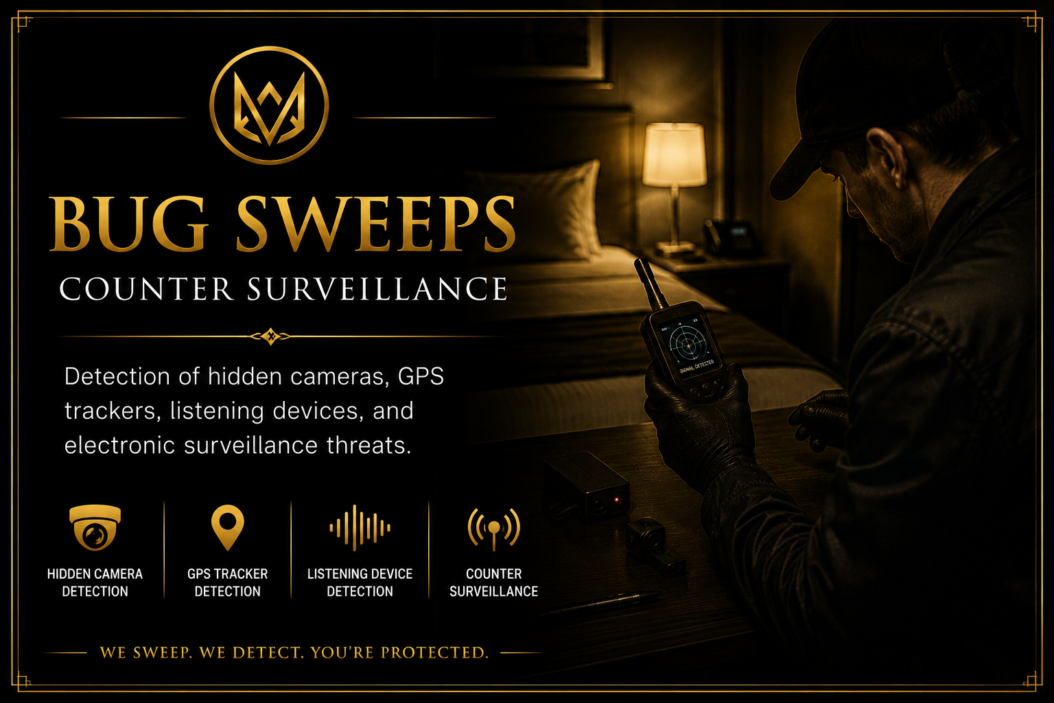 A man with a beard wearing a leather jacket and cap holding a walkie-talkie, standing near an electrical outlet. The image has a yellowish hue with the words "BUG SWEEP" in bright yellow at the bottom.