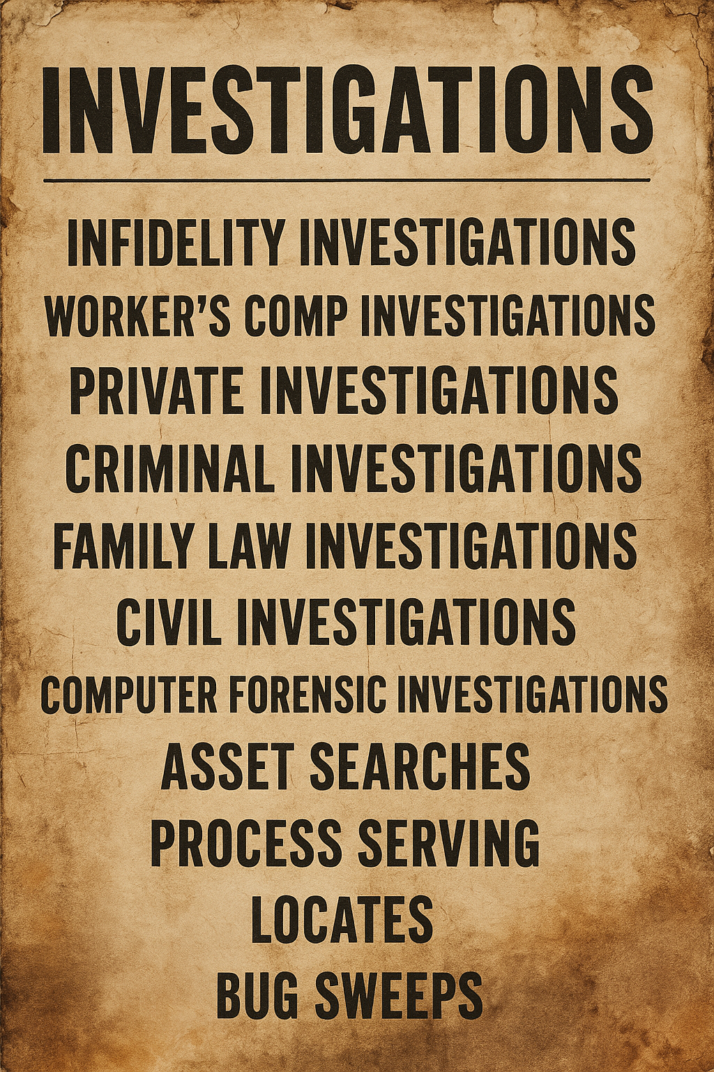Vintage paper listing various types of investigations including infidelity, workers' compensation, criminal, family law, civil, forensics, asset searches, process serving, locates, and bug sweeps.