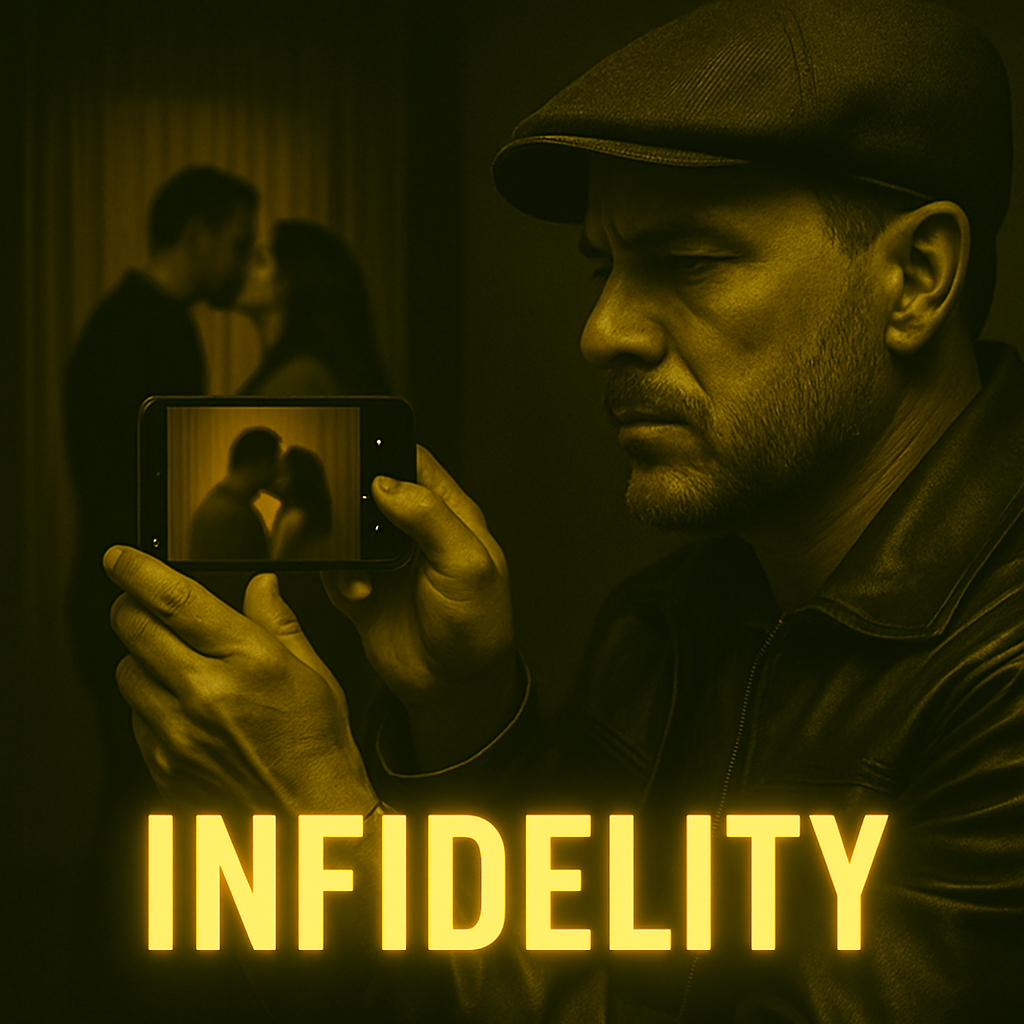 A man in a leather jacket and cap taking a photo of a couple kissing, with the word "INFIDELITY" in bold yellow letters at the bottom.