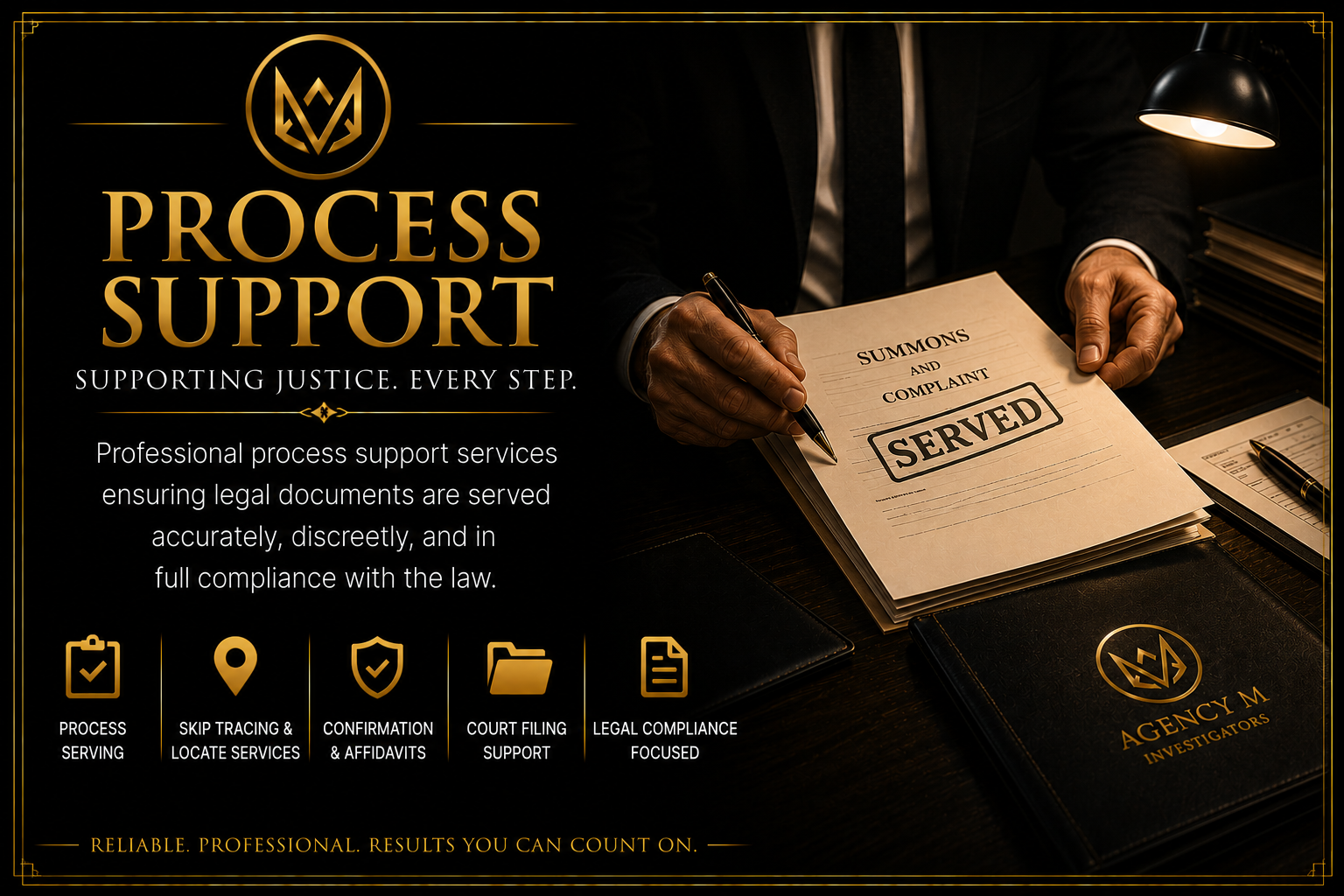 A brown envelope with a circular logo on it, placed on a wooden surface. The logo contains a stylized letter 'Z' inside a circle. Text in yellow below the envelope reads "PROCESS SERVING."