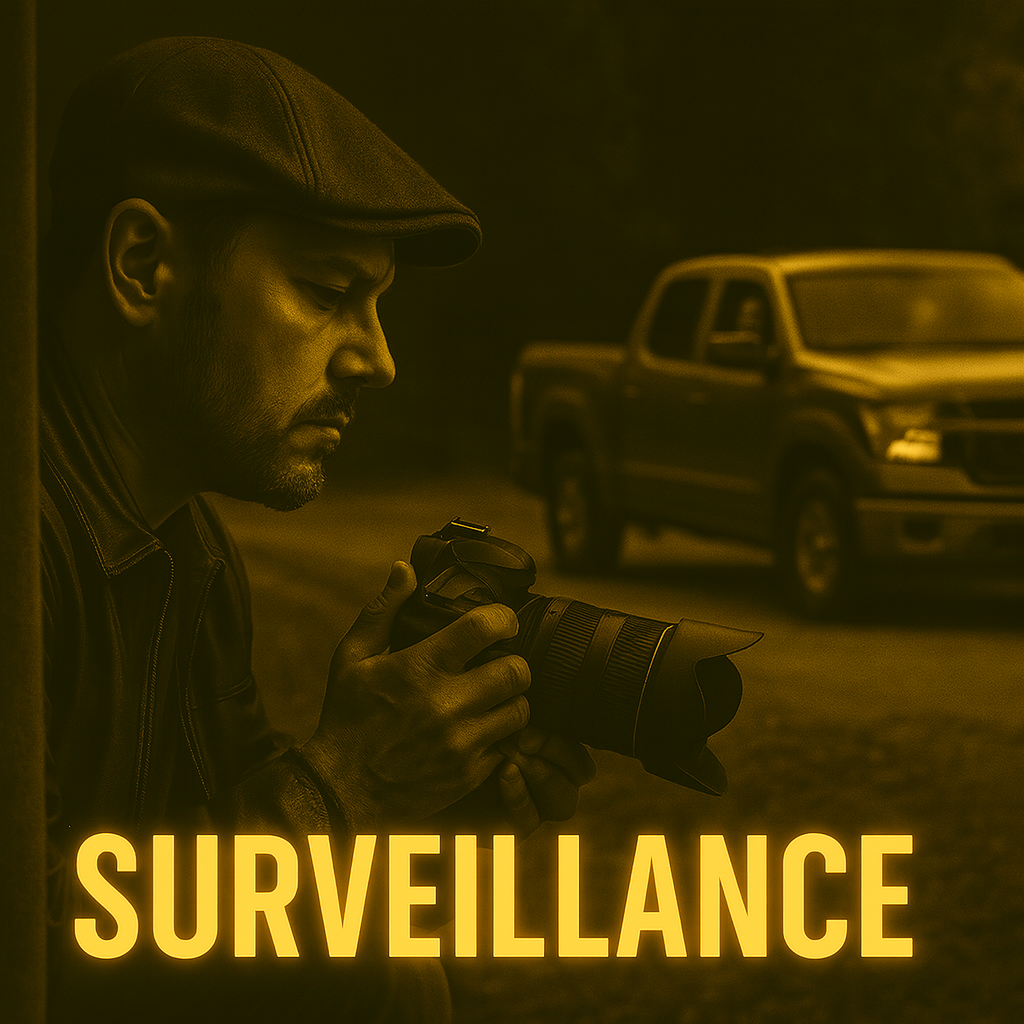 A man with a hat holding a camera with a large telephoto lens, standing next to a wall. A pickup truck is in the background. The image has a yellowish tint. The word "SURVEILLANCE" is written in bold yellow letters at the bottom.