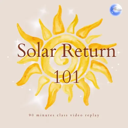 A graphic with a stylized yellow sun illustration and the text 'Solar Return 101' in the center. Additional text reads '90 minutes class video replay,' and there is a small logo in the upper right corner.