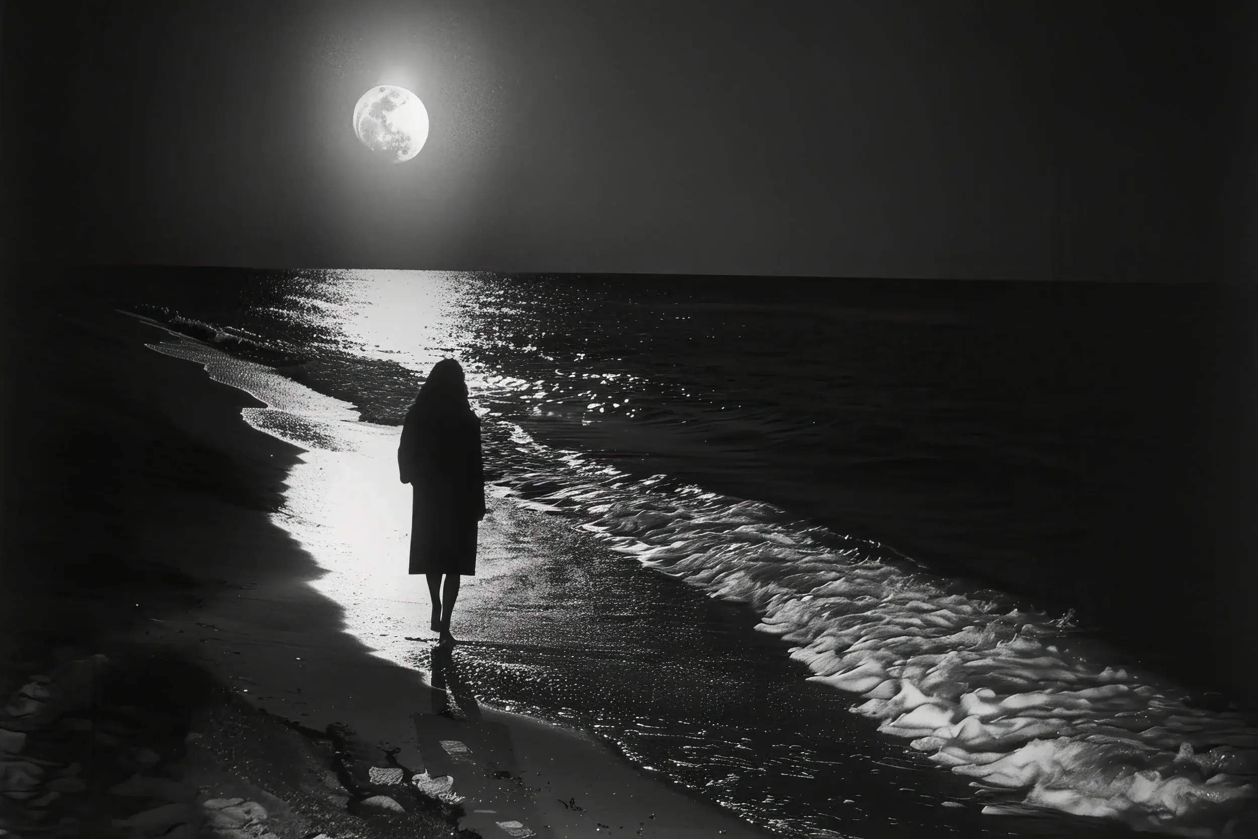 A silhouette of a person walking on a beach at night, illuminated by a full moon reflected on the water.