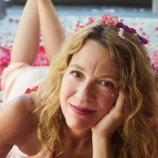 Lori Lothian. A woman with blonde, curly hair lying on her side surrounded by pink flower petals, with her hand resting on her face, facing the camera.
