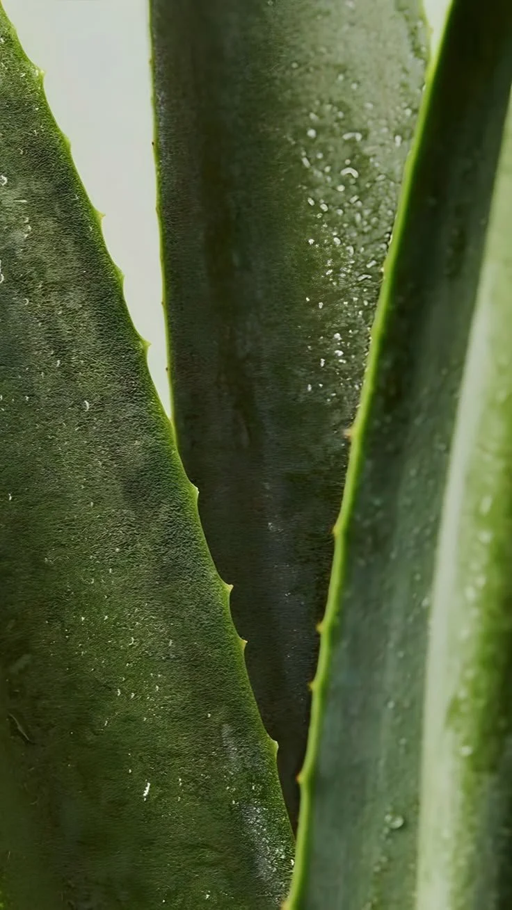 Close-up of green aloe vera plant leaves with water droplets