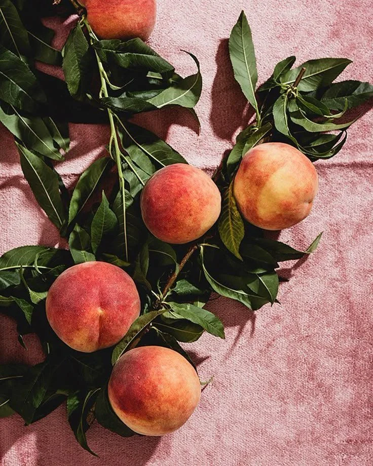 Four peaches with green leaves on a pink fabric surface.