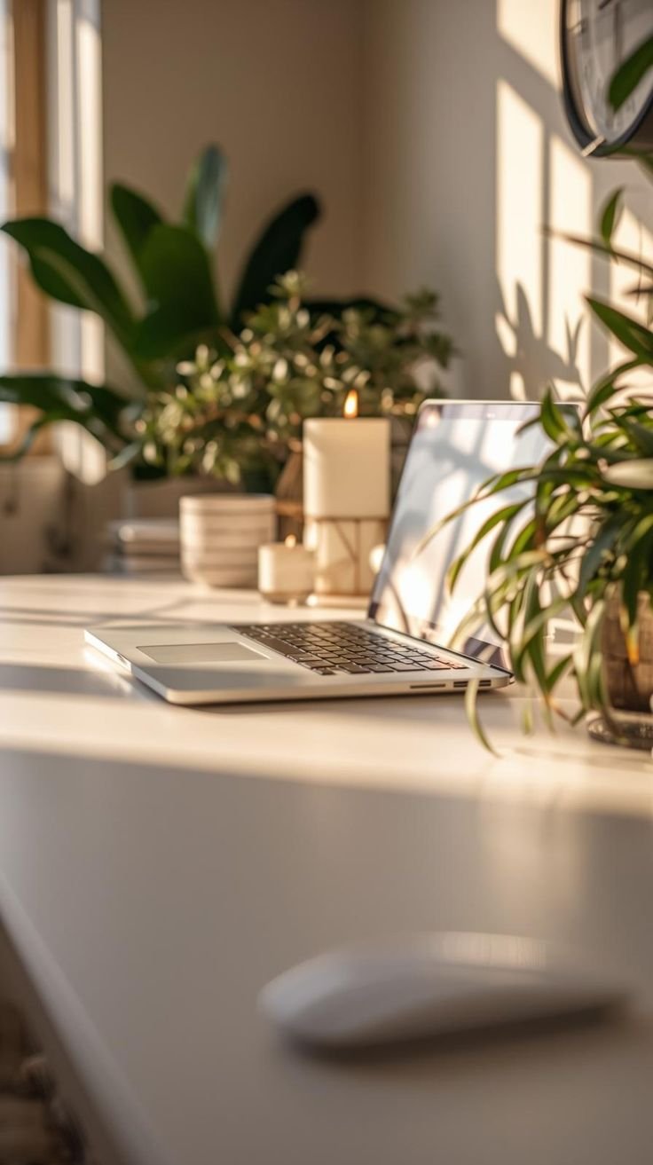 A white desk with a laptop, a computer mouse, and a small candle, surrounded by green plants and sunlight streaming through a window.