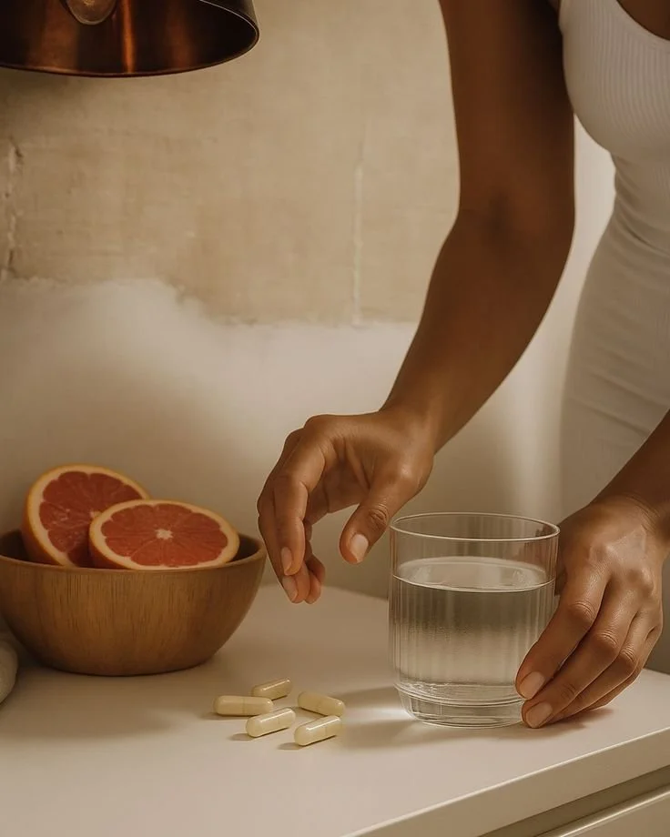 A person's hands are about to take white capsules from a table, with a glass of water, a wooden bowl with halved grapefruit, and a metallic lamp hanging above. The person is wearing a white sleeveless top.