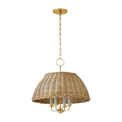 Wicker pendant light fixture hanging from a gold chain and ceiling plate.