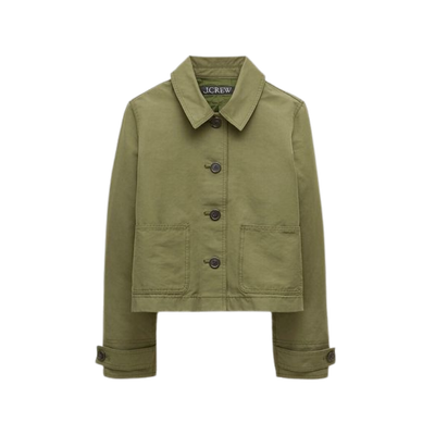 Green jacket with front pockets and button closure.