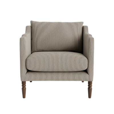 A beige upholstered armchair with wooden legs.