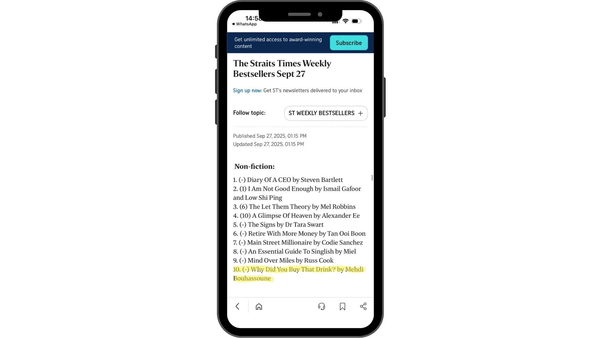 A smartphone displaying a webpage titled 'The Straits Times Weekly Bestsellers Sept 27', highlighting a book titled 'Why Did You Buy That Drink? by Mehdi Bouhassoune' at number 10 in a list of non-fiction titles.