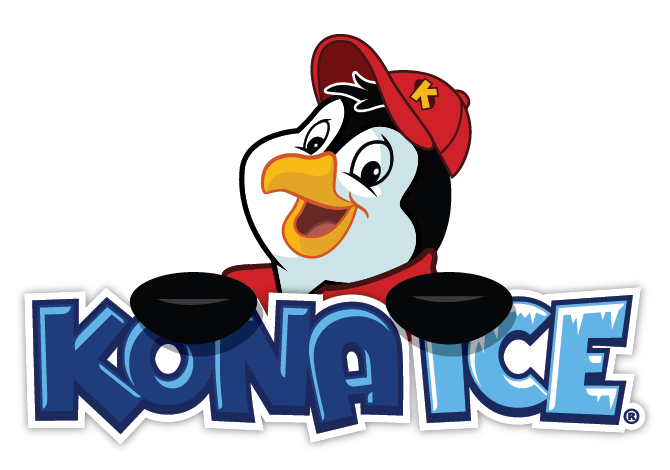 Kona Ice logo featuring a penguin wearing a red cap, holding a sign with the word 'Kona Ice' in blue and white letters. Kona Ice is a vendor and the official champion t-shirt sponsor of the Puget Sound Showdown.