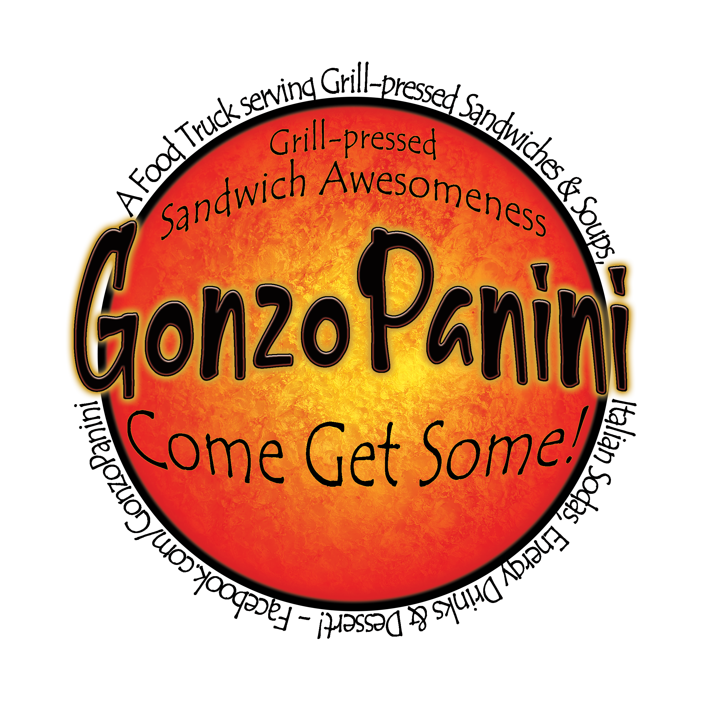 A circular logo with a gradient orange and yellow background. The text includes 'Gonzo Panini,' 'Come Get Some!', 'Grill-pressed Sandwich Awesomeness,' and smaller text around the border. Gonzo Panini is a food truck vendor at the tournament.