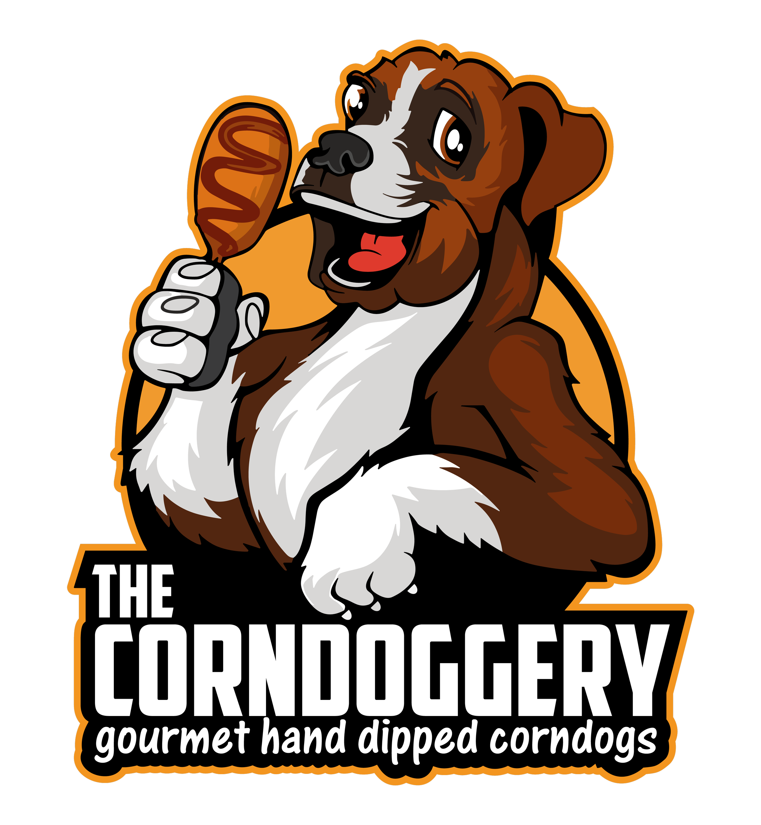 Logo featuring a cartoon dog holding a corndog with the text 'The Corndog Factory: Gourmet Hand Dipped Corndogs'. The Corndoggery is a vendor of Puget Sound Showdown and provides a variety of food including corndogs.