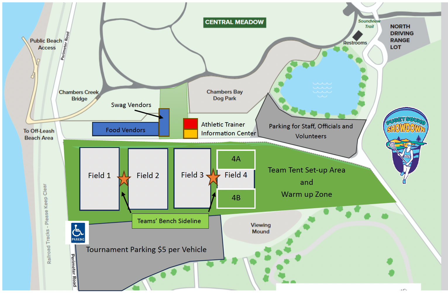 Map of Puget Sound Showdown event showing fields 1 to 4, food vendors, swag vendors, athletic trainer, information center, team tent setup, warm-up zone, parking areas, restrooms, pond, trails, and various facilities.
