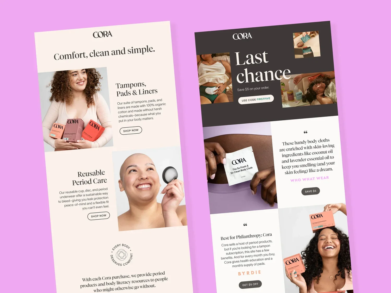 Two promotional emails for Cora products.