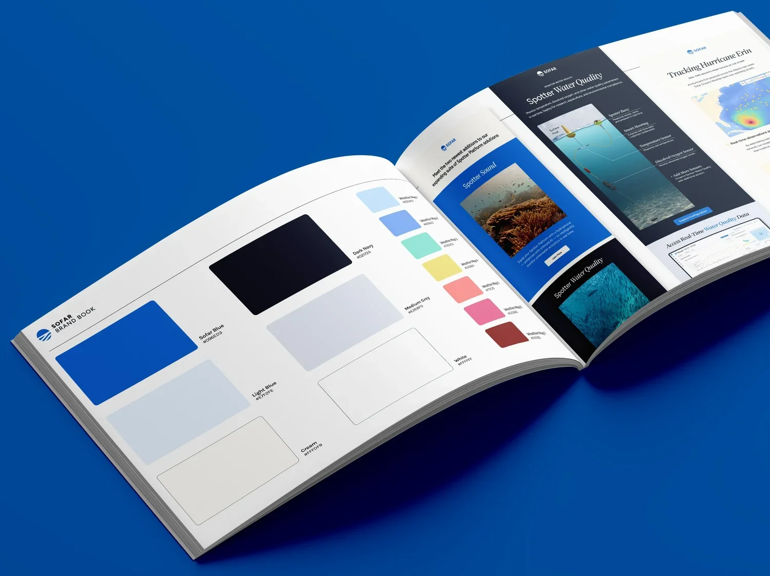 Open brand book showing color palette with shades of blue, black, gray, pink, and red on a blue background.