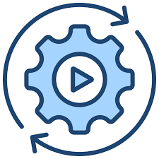 Ícono de engranaje con botón de reproducción en el centro y flechas circulares alrededor.
