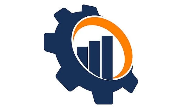 Logotipo con engranaje azul y gráfico de barras de crecimiento en el centro, con un arco naranja alrededor.
