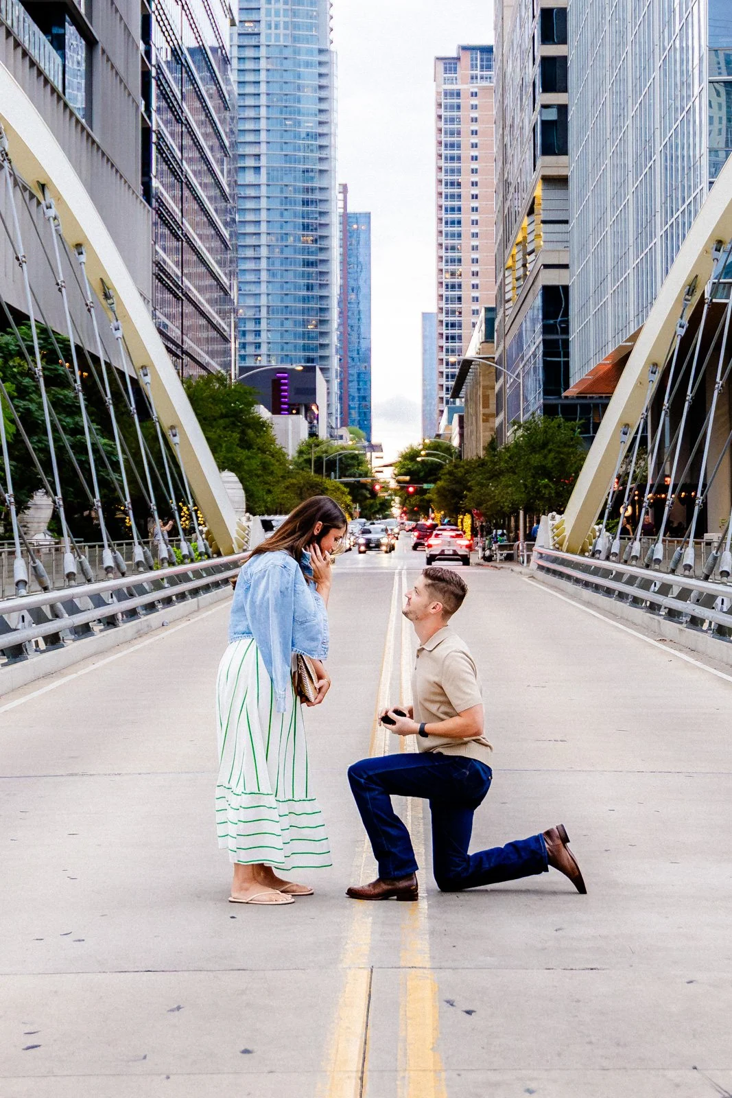 newly engaged couple on the butterfly bridge in Austin Texas